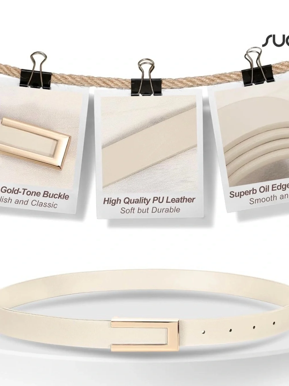New Womens Belt Leather cream size 38 Skinny Waist Belt with Gold Buckle,